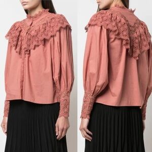 ULLA JOHNSON • Ethel lace trim ruffle neck blouse in clay (dusty rose) size 6
